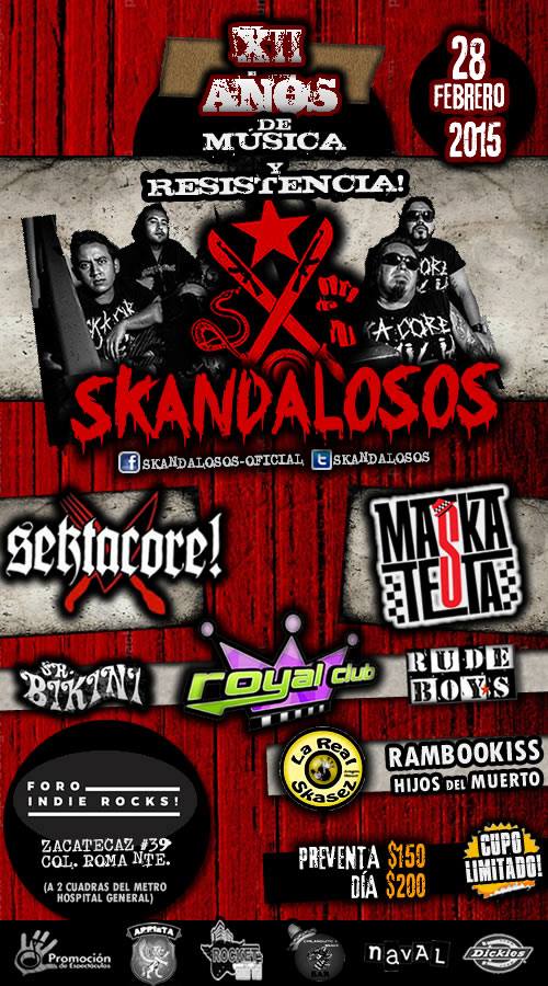 Los Skandalosos celebran 12 años de existencia con un gran festival. Dicho evento se realizará el próximo sábado 28 de febrero en el Foro Indie Rokcs;...