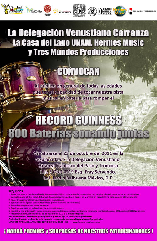 800 Baterias sonando juntas para romper Record Guinness

El próximo 23 de Octubre se realizará el evento 