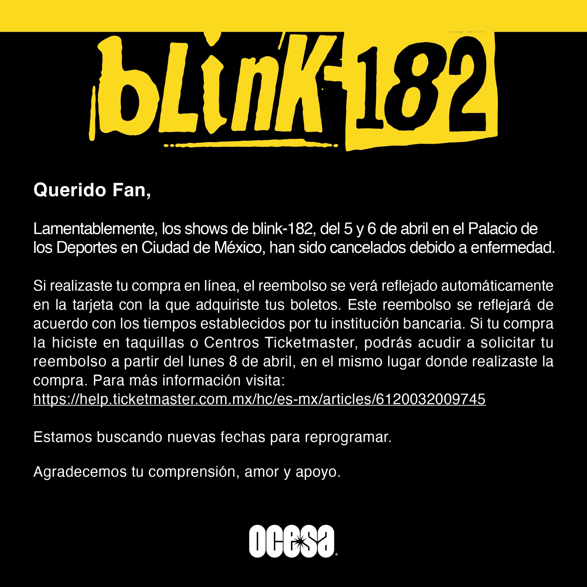 BLINK 182Cancela conciertos del 5 y 6 de abril, blink 182 cancela conciertos de la CDMX