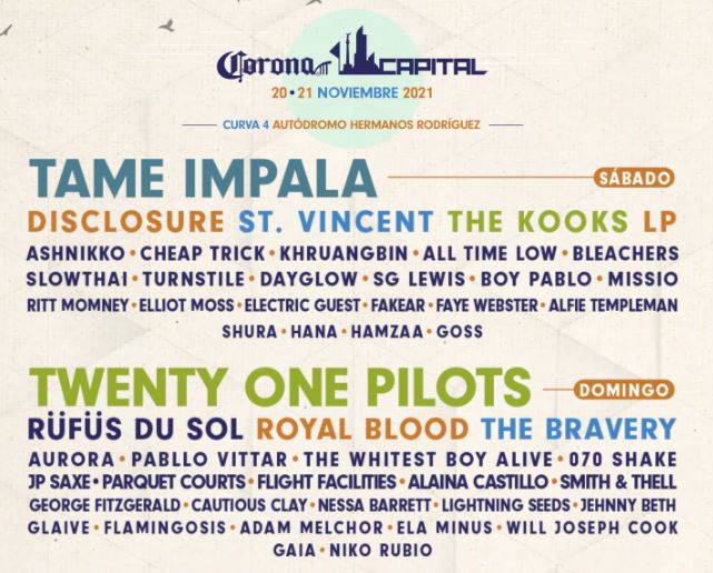 CORONA CAPITAL 2021presenta alineación con TAME IMPALA y TWENTY ONE PILOTS como estelares, corona capital, the kooks, tame impala, royal blood, twenty one pilots